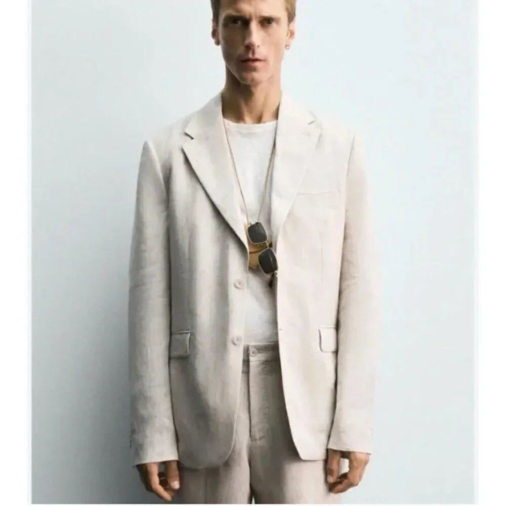 Zara Mens Blazer Suit Jacket EU 46 US 36 Beige 100 Linen sport coat 4299/333 NWT